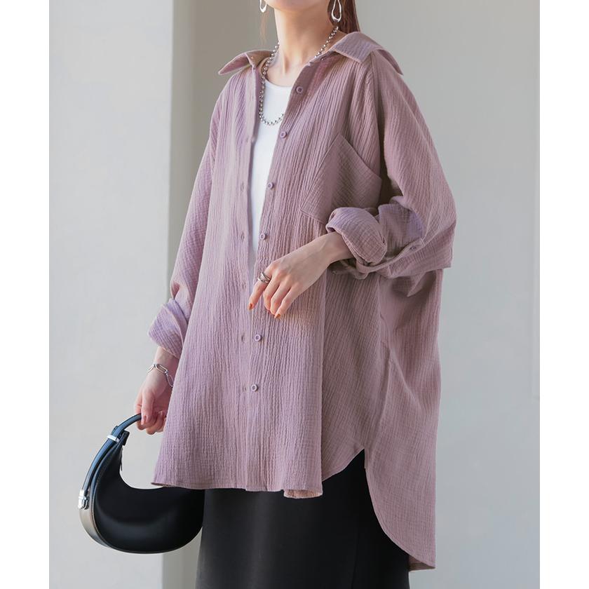SALE シャツ ダブルガーゼ リネン風 彼シャツ チュニック レディース ブラウス トップス ロング ロングシャツ チュニック 長袖 無地 羽織 ドルマン | HUG.U | 05