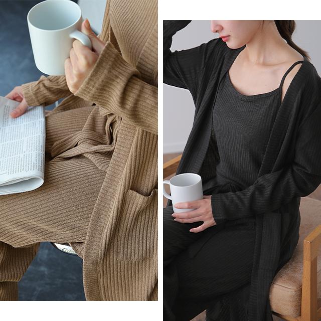 ルームウェア レディース パジャマ セットアップ ニット 部屋着 カーディガン キャミソール パンツ ロングカーディガン | HUG.U | 15