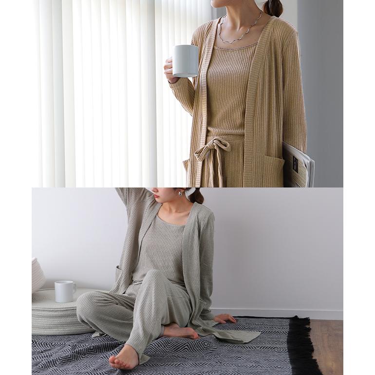 ルームウェア レディース パジャマ セットアップ ニット 部屋着 カーディガン キャミソール パンツ ロングカーディガン | HUG.U | 17