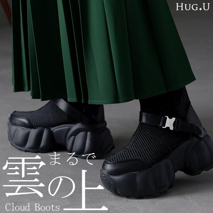 ブーツ 6センチヒール レディース 靴 厚底ブーツ シューズ 歩きやすい ニット ブラック ベルト カジュアル | HUG.U