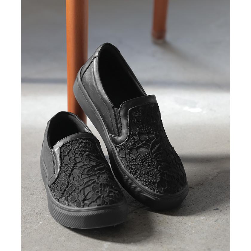 スリッポン レース レディース スニーカー 紐なしスニーカー ローカット フラット ぺたんこ 軽量 シューズ 歩きやすい フラットシューズ | HUG.U | 03