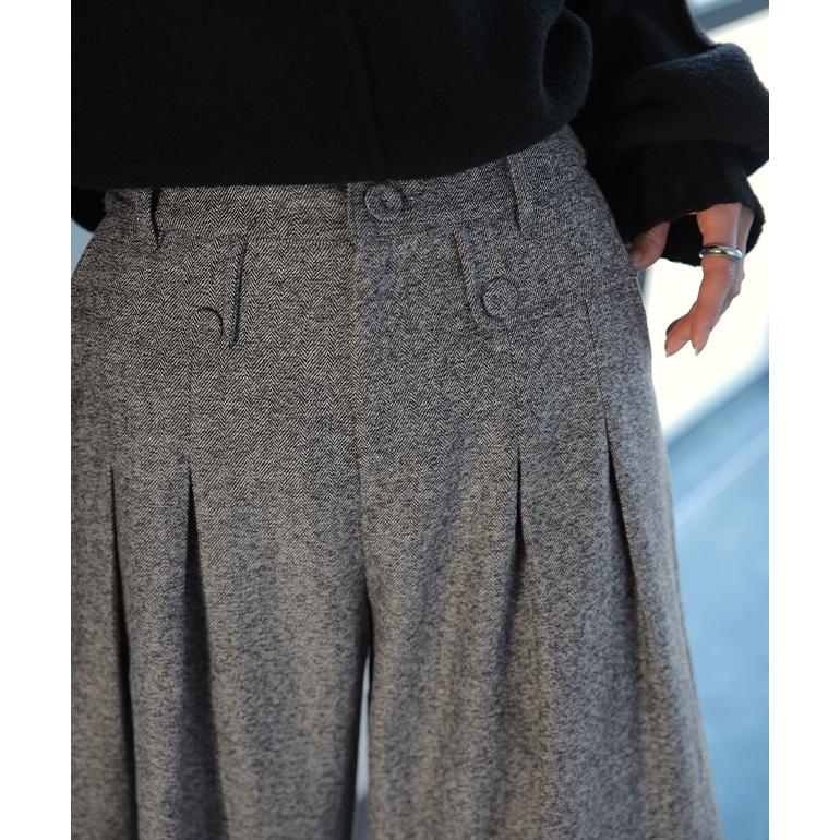 ワイドパンツ レディース タックパンツ パンツ ツイード オフィス ツイードパンツ ワイドパンツルック | HUG.U | 21