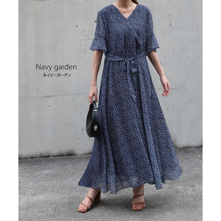 ワンピース シフォン 着痩せ ロングワンピース ロング ワンピ 花形 大きいサイズ レディース 長袖 半袖 選べる | HUG.U | 28