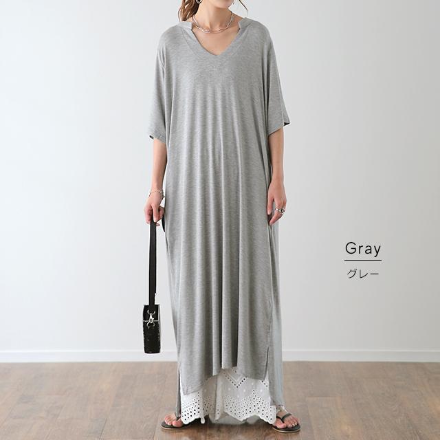 ワンピース レディース マキシ丈ワンピース スリット マキシワンピ マキシ ロングワンピース 半袖 スキッパー 無地 大きいサイズ アウトレット | HUG.U | 13