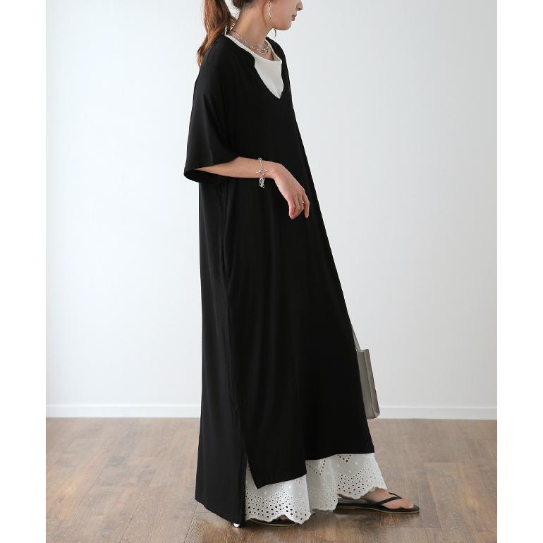 ワンピース レディース マキシ丈ワンピース スリット マキシワンピ マキシ ロングワンピース 半袖 スキッパー 無地 大きいサイズ アウトレット | HUG.U | 17