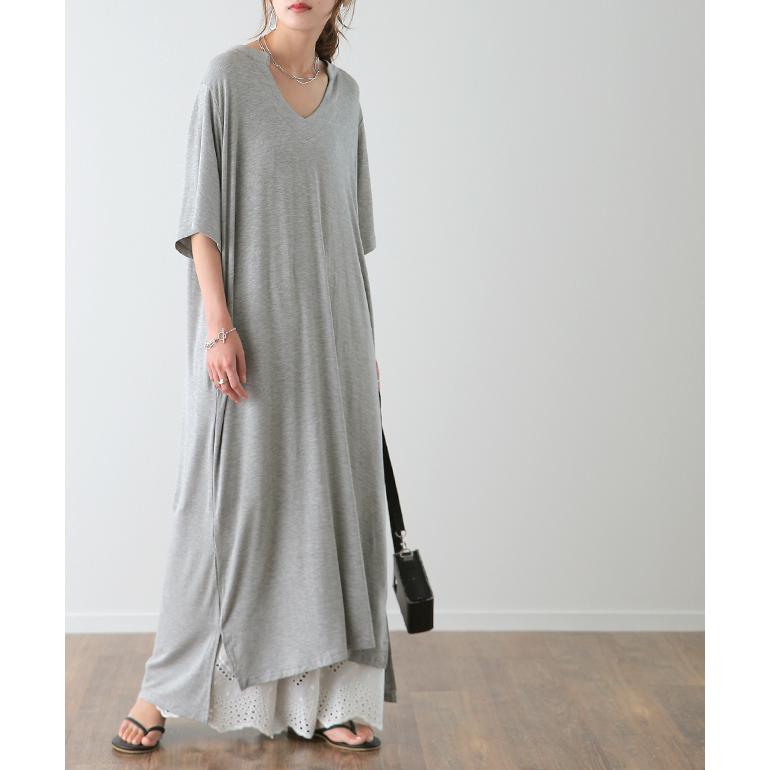 ワンピース レディース マキシ丈ワンピース スリット マキシワンピ マキシ ロングワンピース 半袖 スキッパー 無地 大きいサイズ アウトレット | HUG.U | 20