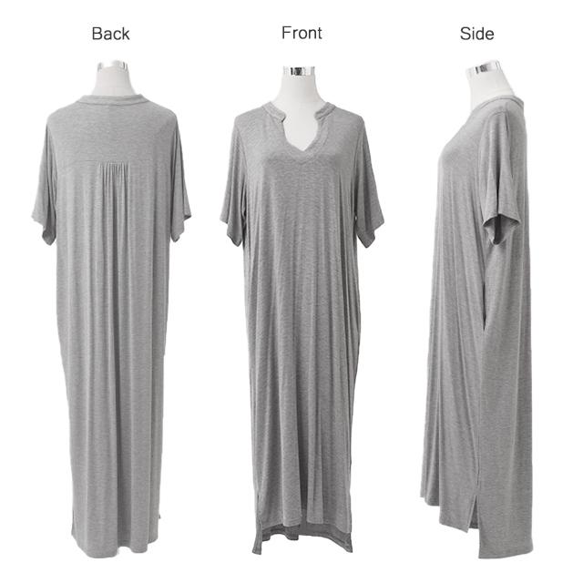 ワンピース レディース マキシ丈ワンピース スリット マキシワンピ マキシ ロングワンピース 半袖 スキッパー 無地 大きいサイズ アウトレット | HUG.U | 22