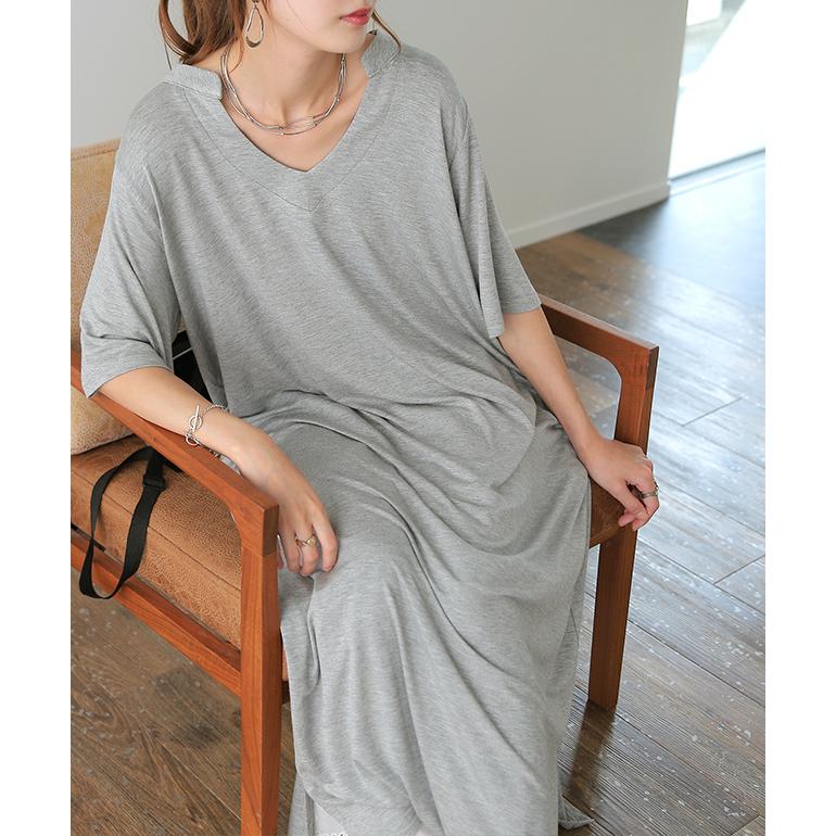 ワンピース レディース マキシ丈ワンピース スリット マキシワンピ マキシ ロングワンピース 半袖 スキッパー 無地 大きいサイズ アウトレット | HUG.U | 06