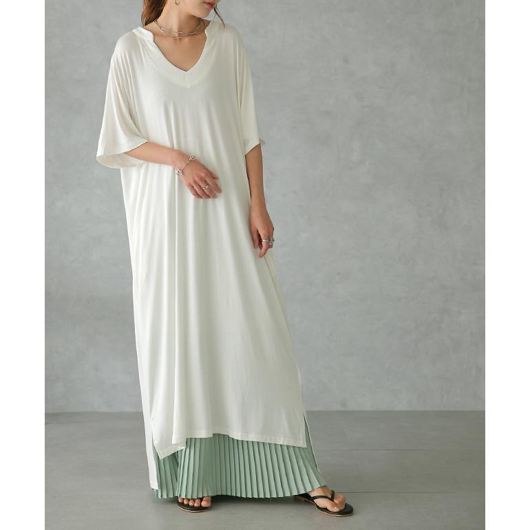 ワンピース レディース マキシ丈ワンピース スリット マキシワンピ マキシ ロングワンピース 半袖 スキッパー 無地 大きいサイズ アウトレット | HUG.U | 07