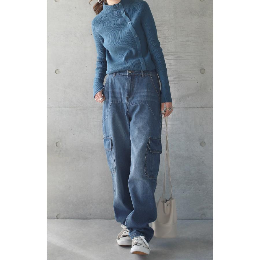 パンツ デニム レディース デニムパンツ カーゴ ワイド ワイドパンツ 大きい ジーンズ ウォッシュ ユーズド風 テーパード 体型カバー ワイドパンツルック | HUG.U | 11