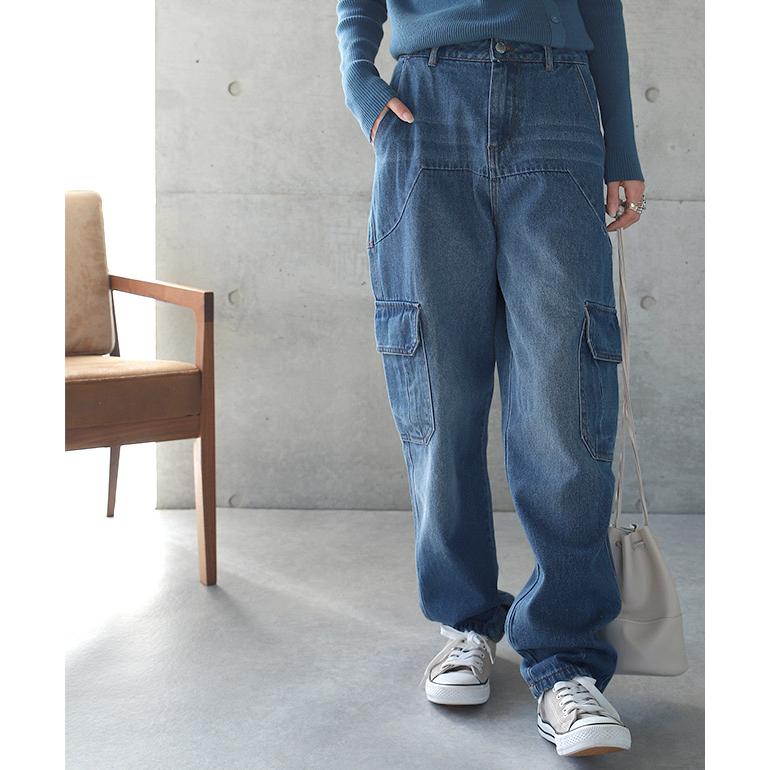 パンツ デニム レディース デニムパンツ カーゴ ワイド ワイドパンツ 大きい ジーンズ ウォッシュ ユーズド風 テーパード 体型カバー ワイドパンツルック | HUG.U | 15