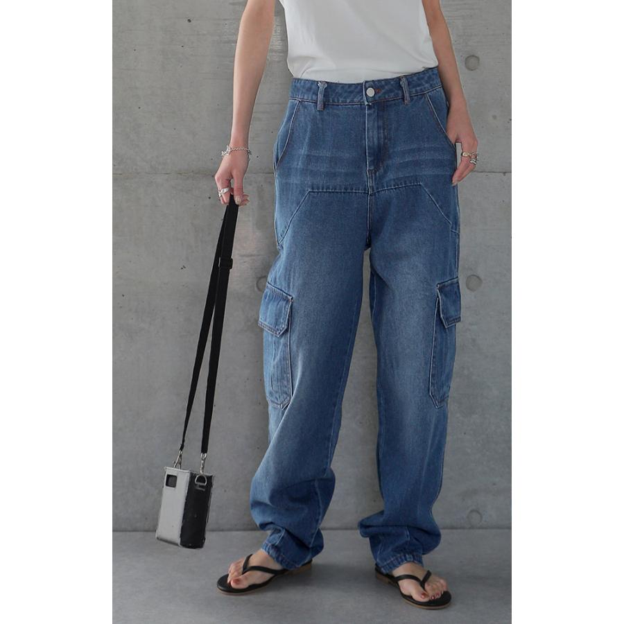 パンツ デニム レディース デニムパンツ カーゴ ワイド ワイドパンツ 大きい ジーンズ ウォッシュ ユーズド風 テーパード 体型カバー ワイドパンツルック | HUG.U | 15