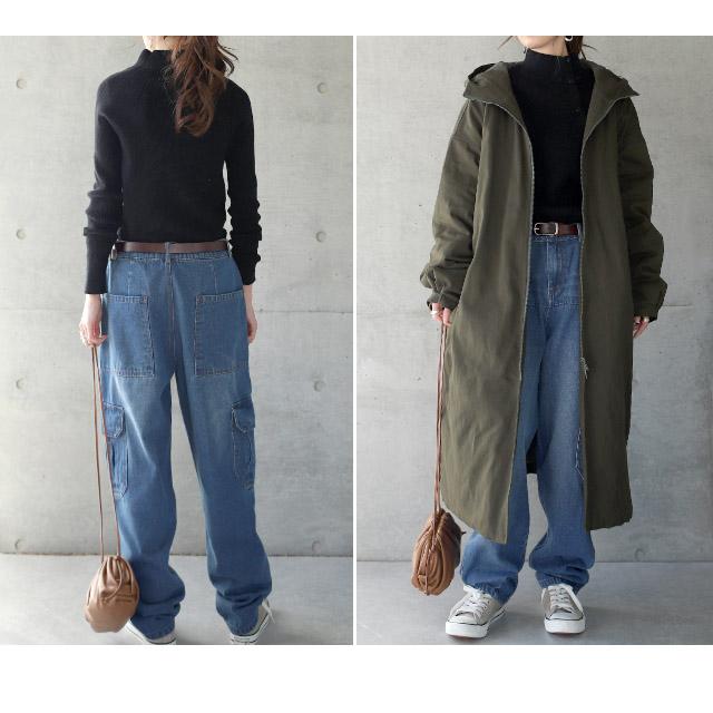 パンツ デニム レディース デニムパンツ カーゴ ワイド ワイドパンツ 大きい ジーンズ ウォッシュ ユーズド風 テーパード 体型カバー ワイドパンツルック | HUG.U | 16