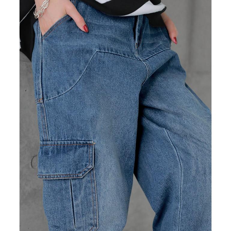 パンツ デニム レディース デニムパンツ カーゴ ワイド ワイドパンツ 大きい ジーンズ ウォッシュ ユーズド風 テーパード 体型カバー ワイドパンツルック | HUG.U | 17