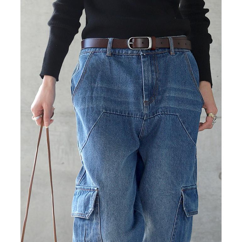 パンツ デニム レディース デニムパンツ カーゴ ワイド ワイドパンツ 大きい ジーンズ ウォッシュ ユーズド風 テーパード 体型カバー ワイドパンツルック | HUG.U | 18