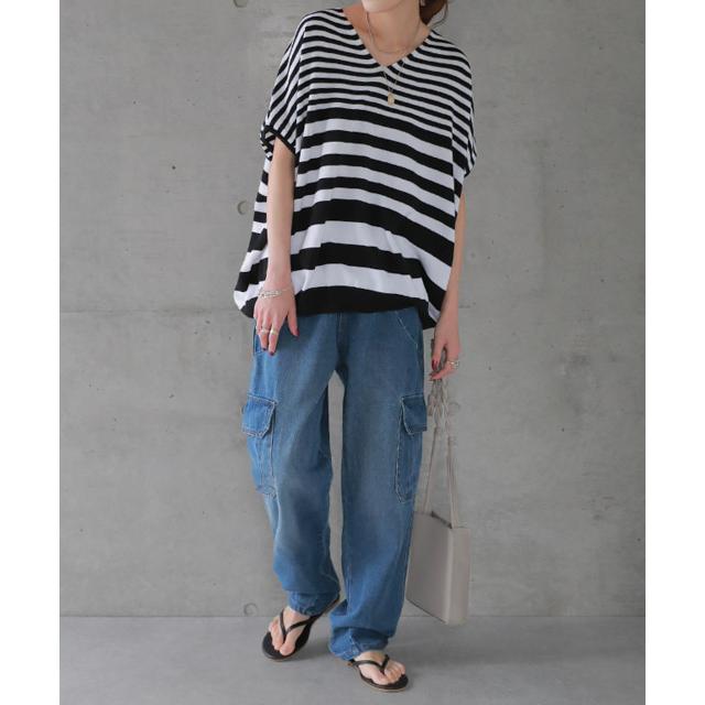 パンツ デニム レディース デニムパンツ カーゴ ワイド ワイドパンツ 大きい ジーンズ ウォッシュ ユーズド風 テーパード 体型カバー ワイドパンツルック | HUG.U | 20