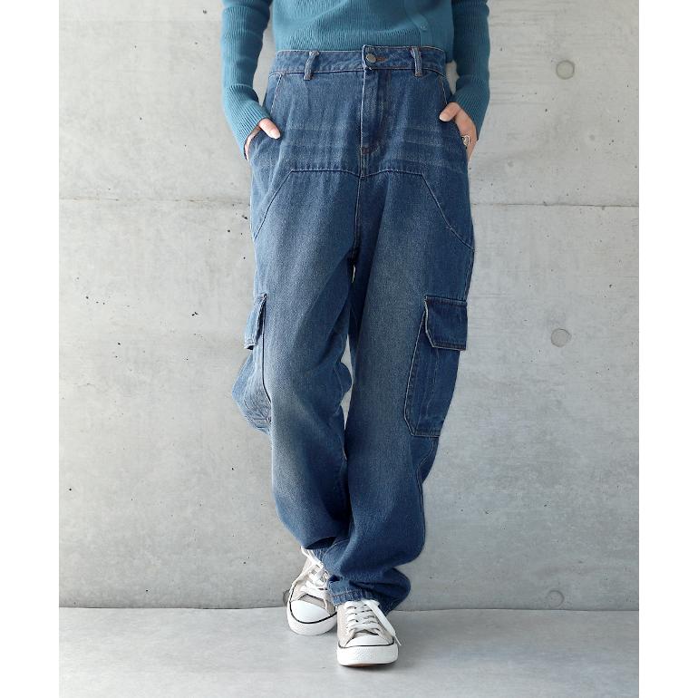 パンツ デニム レディース デニムパンツ カーゴ ワイド ワイドパンツ 大きい ジーンズ ウォッシュ ユーズド風 テーパード 体型カバー ワイドパンツルック | HUG.U | 05
