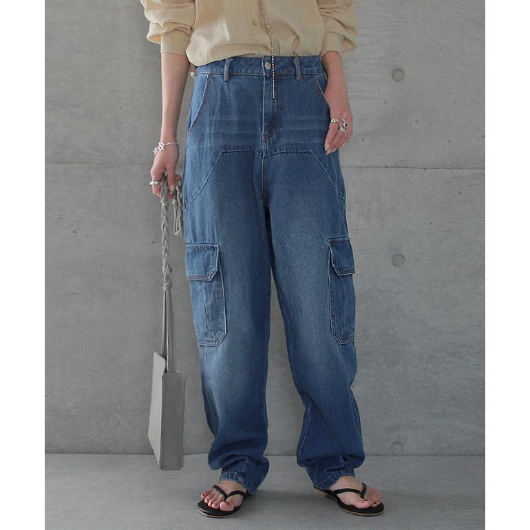 パンツ デニム レディース デニムパンツ カーゴ ワイド ワイドパンツ 大きい ジーンズ ウォッシュ ユーズド風 テーパード 体型カバー ワイドパンツルック | HUG.U | 05