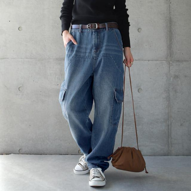 パンツ デニム レディース デニムパンツ カーゴ ワイド ワイドパンツ 大きい ジーンズ ウォッシュ ユーズド風 テーパード 体型カバー ワイドパンツルック | HUG.U | 07