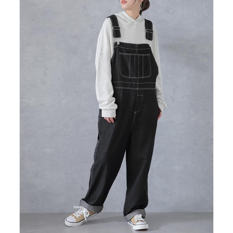 オールインワン デニム レディース サロペット 体型カバー デニムオールインワン 大きいサイズ ワイドパンツ ゆったり 体型カバー ワイドパンツルック | HUG.U | 06