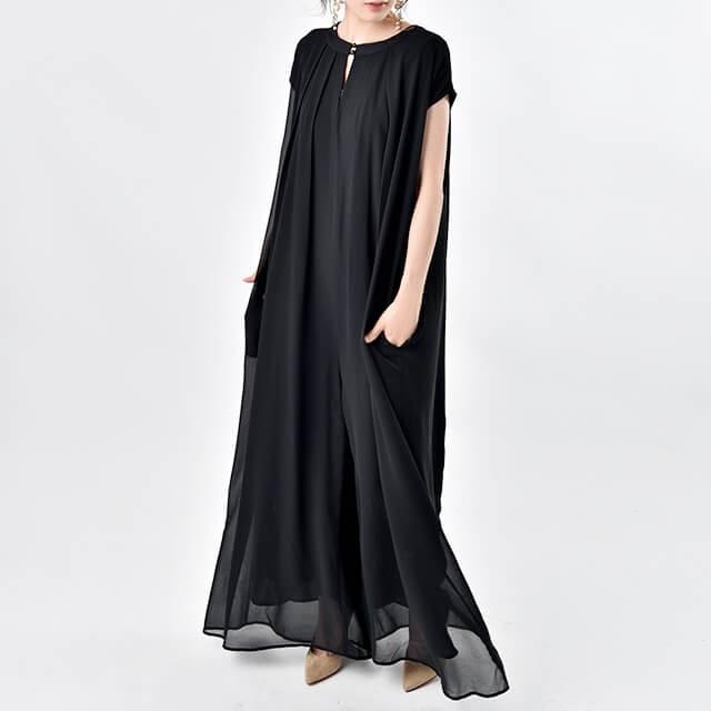 オールインワン レディース サロペット 体型カバー シフォン 大きいサイズ つなぎ ワイドパンツ ドレス パーティー パンツ 半袖 無地 | HUG.U | 16