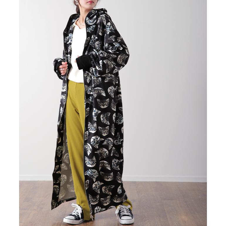 パーカー レディース ロングパーカー ジップアップパーカー ワンピ 体型カバー ロング マキシ ネコ 総柄 トレーナー スウェット 大きいサイズ 指穴 | HUG.U | 19