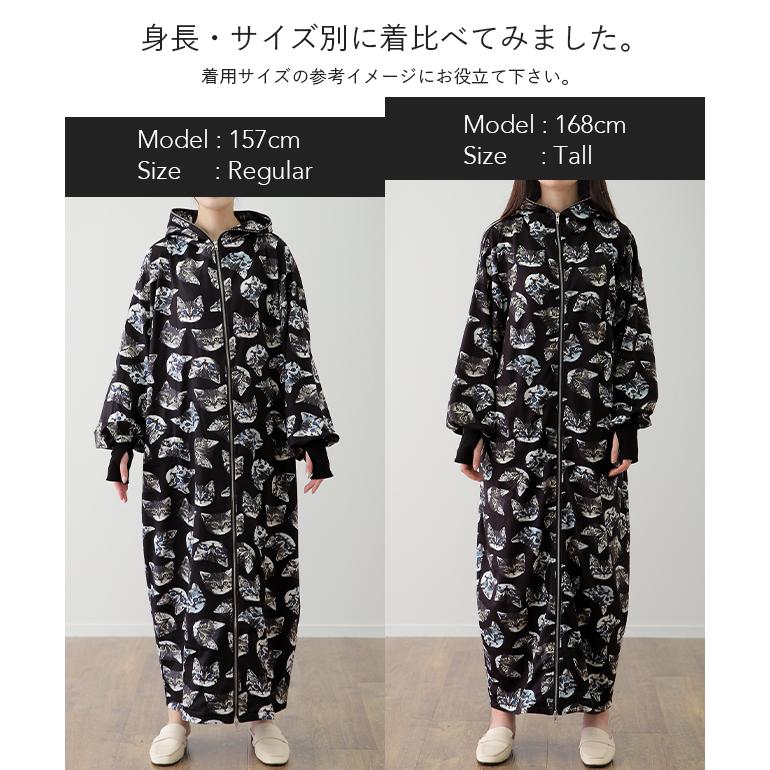 パーカー レディース ロングパーカー ジップアップパーカー ワンピ 体型カバー ロング マキシ ネコ 総柄 トレーナー スウェット 大きいサイズ 指穴 | HUG.U | 20