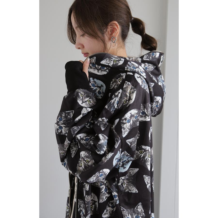 パーカー レディース ロングパーカー ジップアップパーカー ワンピ 体型カバー ロング マキシ ネコ 総柄 トレーナー スウェット 大きいサイズ 指穴 | HUG.U | 07