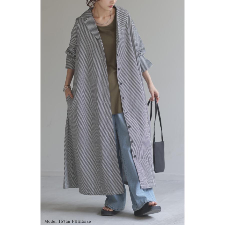 ジャケット アウター ロングジャケット コットン100% レディース ロング ストライプ ライトアウター コート 薄手 長袖 大きいサイズ ビッグ ビック 羽織 | HUG.U | 20