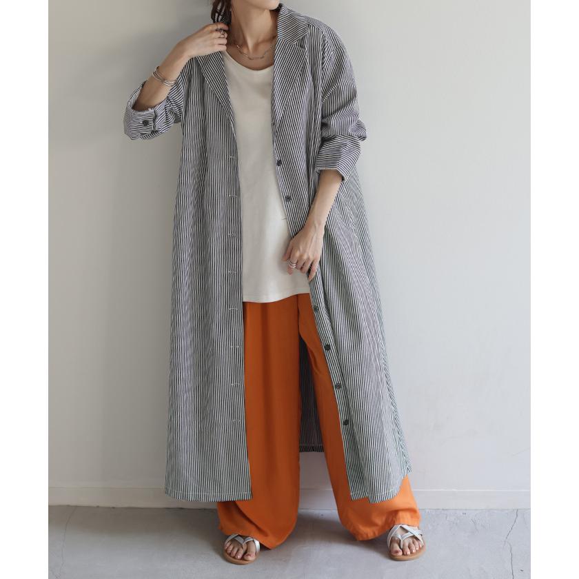 ジャケット アウター ロングジャケット コットン100% レディース ロング ストライプ ライトアウター コート 薄手 長袖 大きいサイズ ビッグ ビック 羽織 | HUG.U | 05