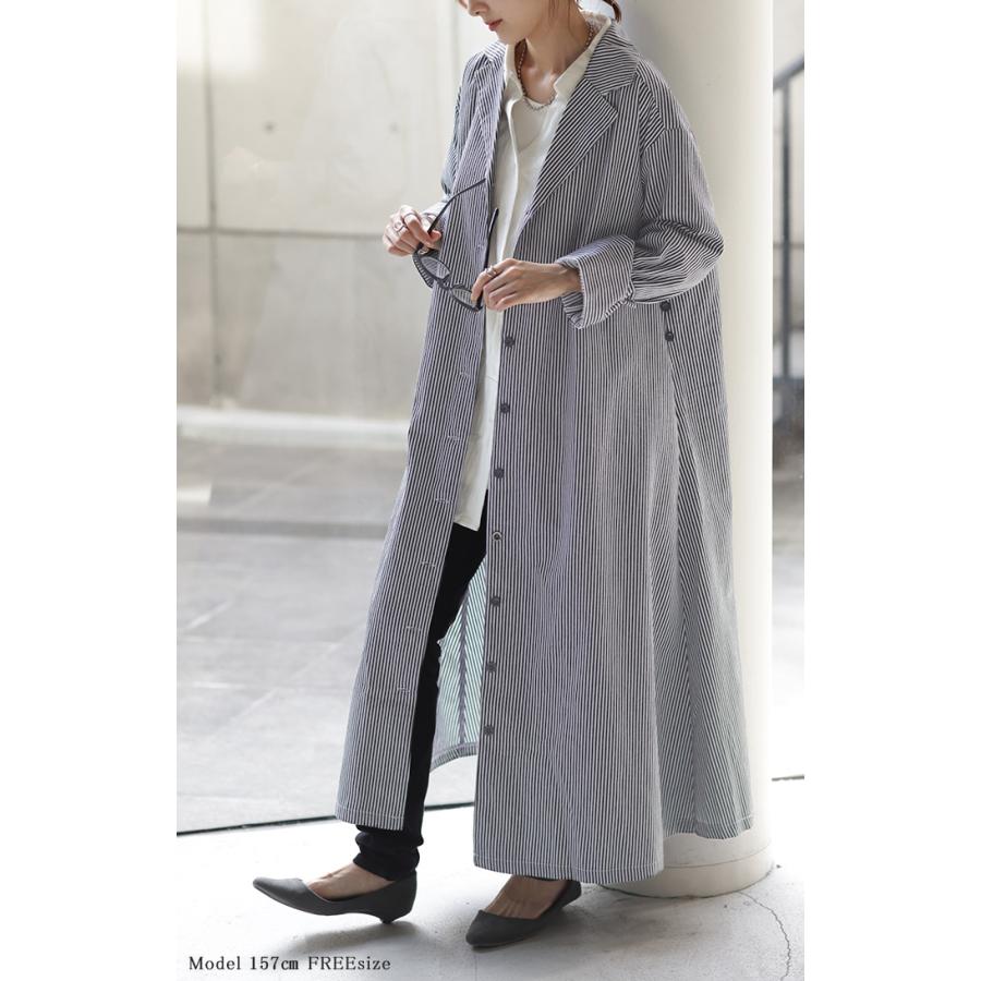 ジャケット アウター ロングジャケット コットン100% レディース ロング ストライプ ライトアウター コート 薄手 長袖 大きいサイズ ビッグ ビック 羽織 | HUG.U | 07