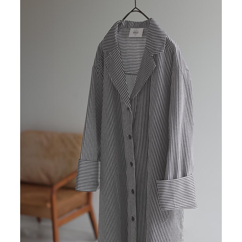 ジャケット アウター ロングジャケット コットン100% レディース ロング ストライプ ライトアウター コート 薄手 長袖 大きいサイズ ビッグ ビック 羽織 | HUG.U | 09