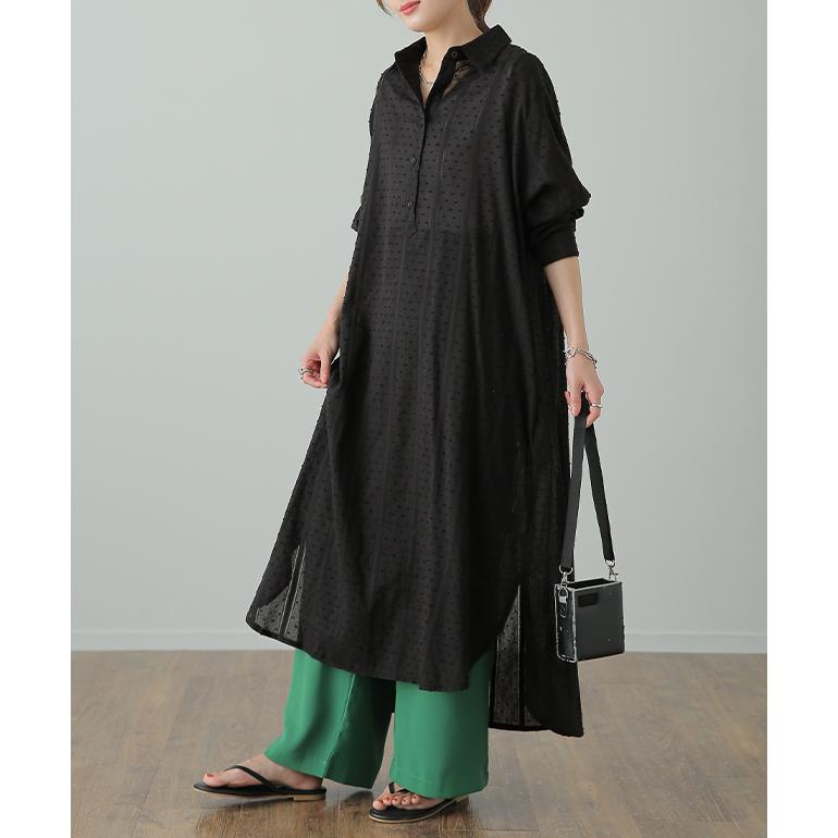 シャツワンピース ワンピース レディース コットン100％ シャツ シアーシャツ 綿 シャツワンピ 無地 刺繍 スキッパー 長袖 体型カバー 秋 | HUG.U | 09