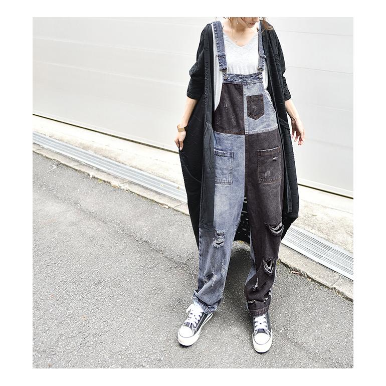 オールインワン デニム レディース サロペット ダメージ加工 大きいサイズ ワイドパンツ ワイド ジーンズ 体型カバー チェック 配色 ワイドパンツルック | HUG.U | 12