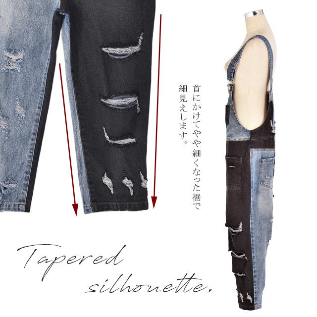オールインワン デニム レディース サロペット ダメージ加工 大きいサイズ ワイドパンツ ワイド ジーンズ 体型カバー チェック 配色 ワイドパンツルック | HUG.U | 17