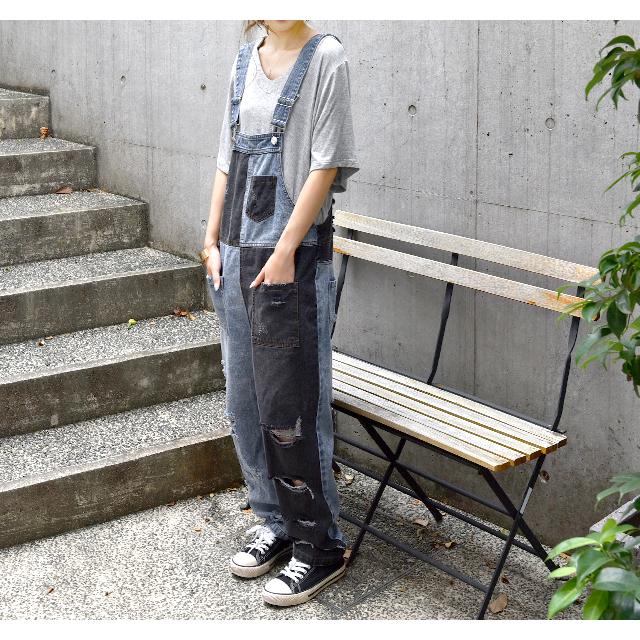 オールインワン デニム レディース サロペット ダメージ加工 大きいサイズ ワイドパンツ ワイド ジーンズ 体型カバー チェック 配色 ワイドパンツルック | HUG.U | 18