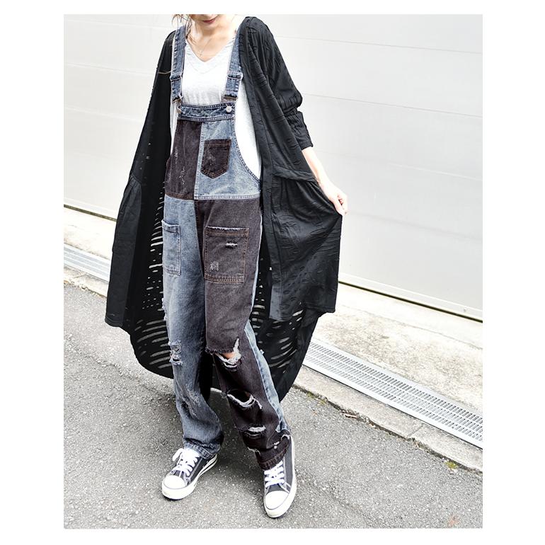 オールインワン デニム レディース サロペット ダメージ加工 大きいサイズ ワイドパンツ ワイド ジーンズ 体型カバー チェック 配色 ワイドパンツルック | HUG.U | 21