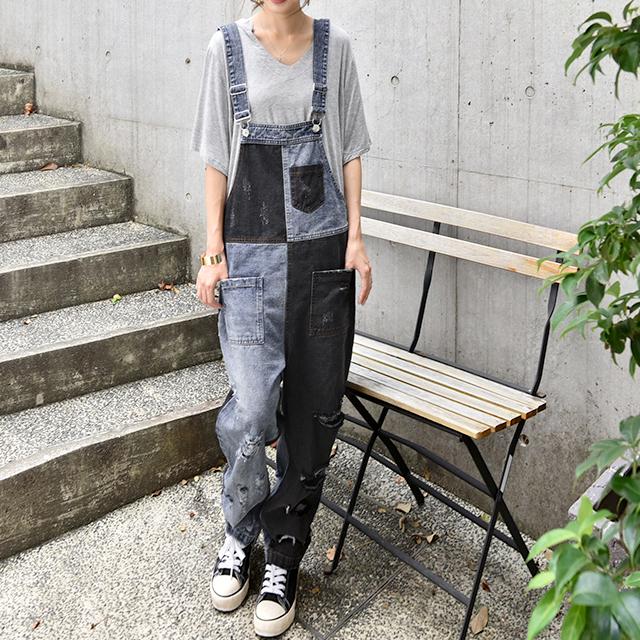 オールインワン デニム レディース サロペット ダメージ加工 大きいサイズ ワイドパンツ ワイド ジーンズ 体型カバー チェック 配色 ワイドパンツルック | HUG.U | 08