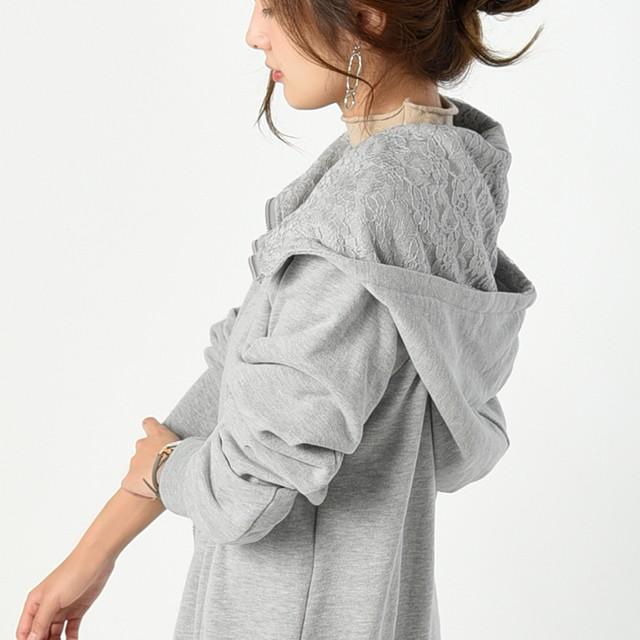 パーカー ロングパーカー レース スウェット スエット レースパーカー 花柄 ファスナー レディース トレーナー フーディ ダブルジップ | HUG.U | 20