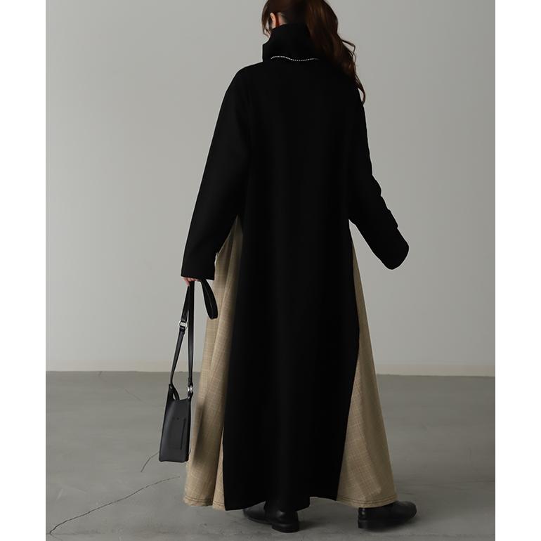 ワンピース 長袖 黒 ロング フレアワンピース マキシ ロングワンピース ハイネック グレンチェック チェック柄 | HUG.U | 16