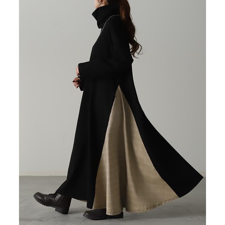 ワンピース 長袖 黒 ロング フレアワンピース マキシ ロングワンピース ハイネック グレンチェック チェック柄 | HUG.U | 06