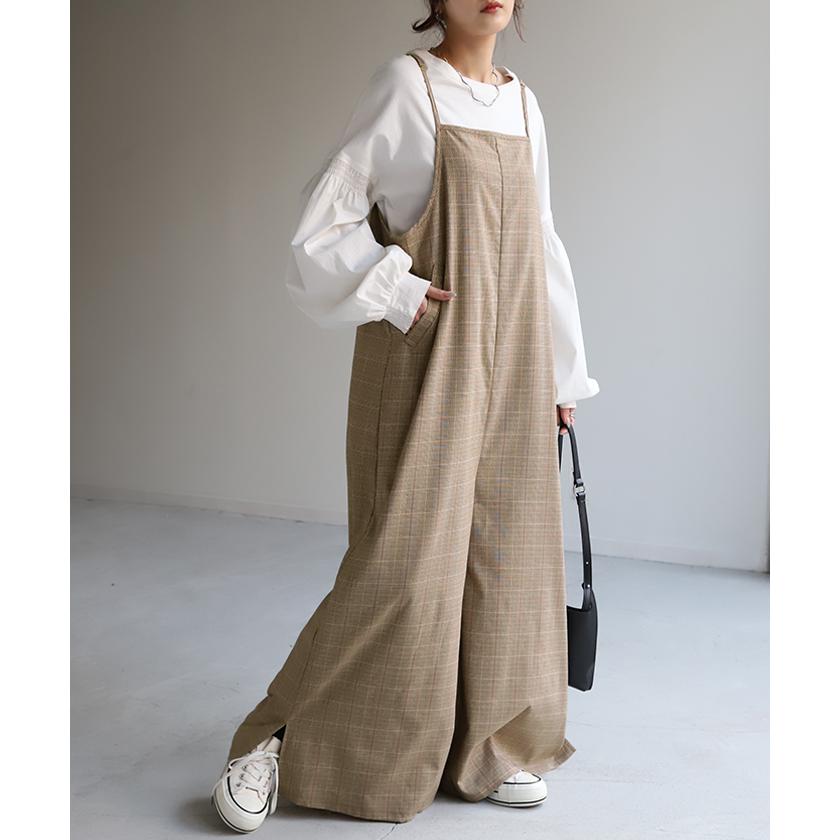 オールインワン レディース サロペット 体型カバー シンプル チェック サロペ つなぎ ワイドパンツ ワイド キャミワンピース 大きい ワイドパンツルック | HUG.U | 18