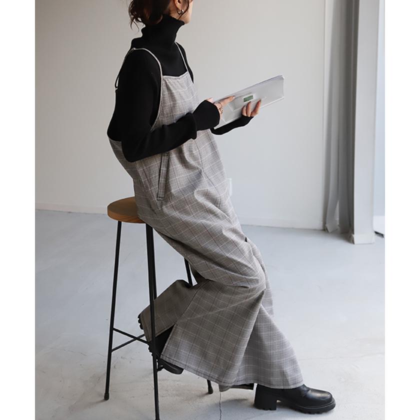 オールインワン レディース サロペット 体型カバー シンプル チェック サロペ つなぎ ワイドパンツ ワイド キャミワンピース 大きい ワイドパンツルック | HUG.U | 19