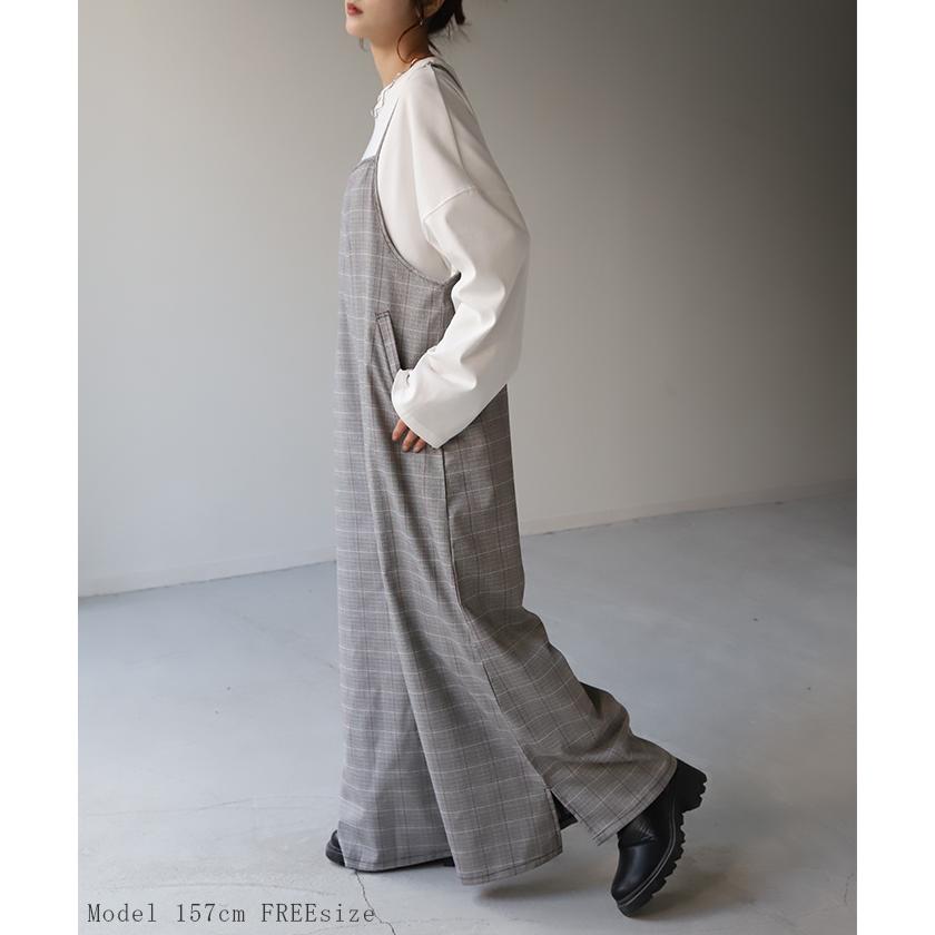 オールインワン レディース サロペット 体型カバー シンプル チェック サロペ つなぎ ワイドパンツ ワイド キャミワンピース 大きい ワイドパンツルック | HUG.U | 04