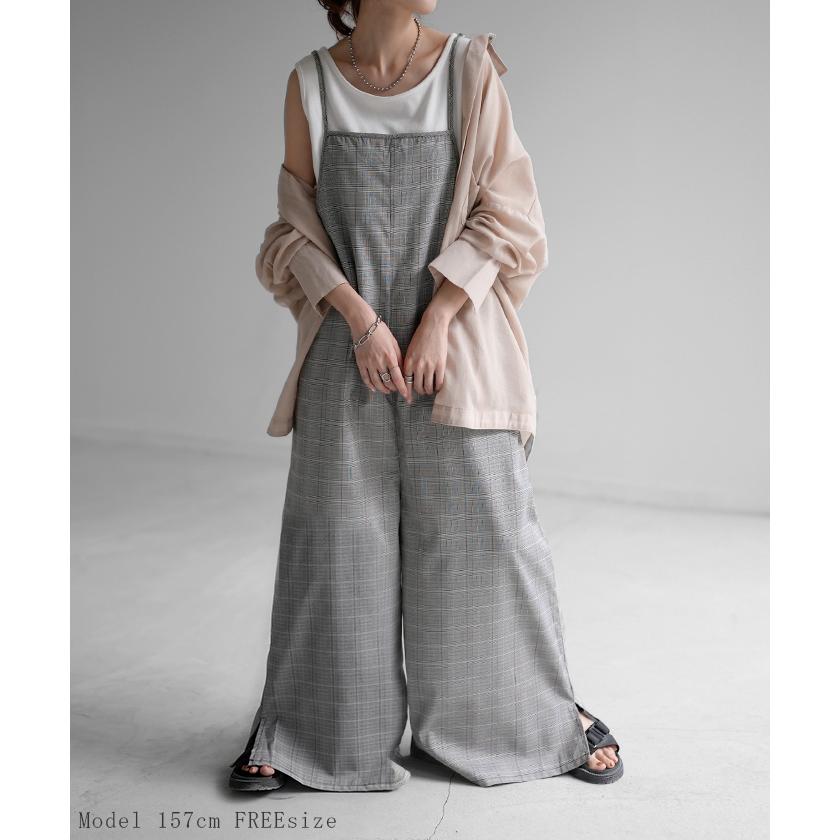 オールインワン レディース サロペット 体型カバー シンプル チェック サロペ つなぎ ワイドパンツ ワイド キャミワンピース 大きい ワイドパンツルック | HUG.U | 04