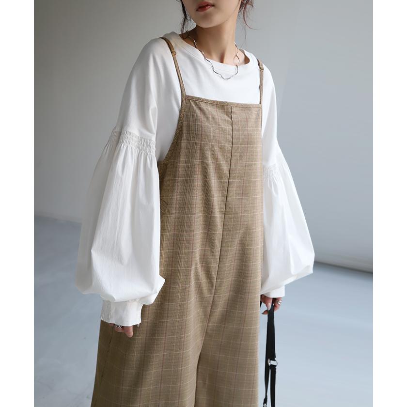 オールインワン レディース サロペット 体型カバー シンプル チェック サロペ つなぎ ワイドパンツ ワイド キャミワンピース 大きい ワイドパンツルック | HUG.U | 05