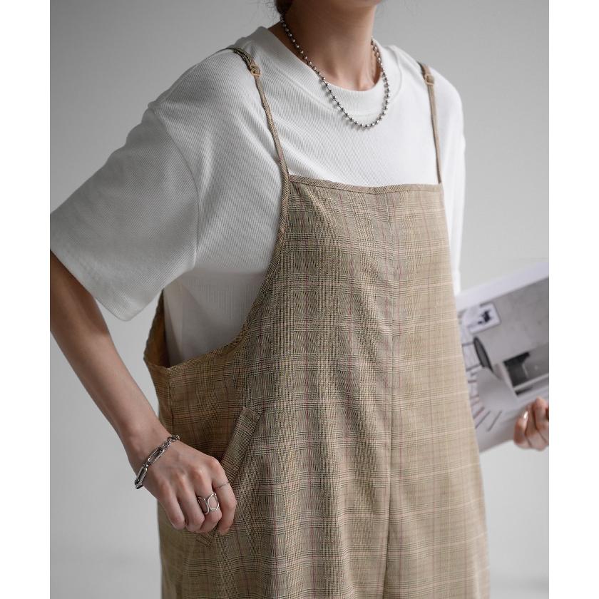 オールインワン レディース サロペット 体型カバー シンプル チェック サロペ つなぎ ワイドパンツ ワイド キャミワンピース 大きい ワイドパンツルック | HUG.U | 05