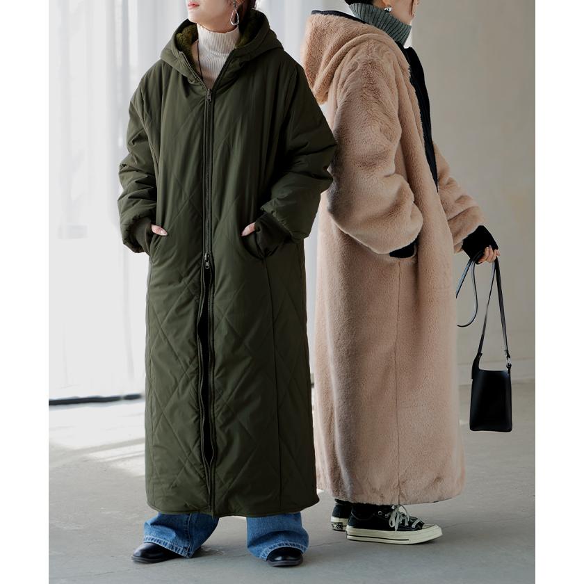 ファーコート レディース 中綿 エコファー アウター キルト ロング リバーシブル 極暖 | HUG.U | 06