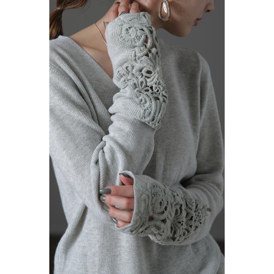 ニット レディース レース トップス 袖レース セーター Vネックリブ 薄手 黒 ピンク | HUG.U | 22