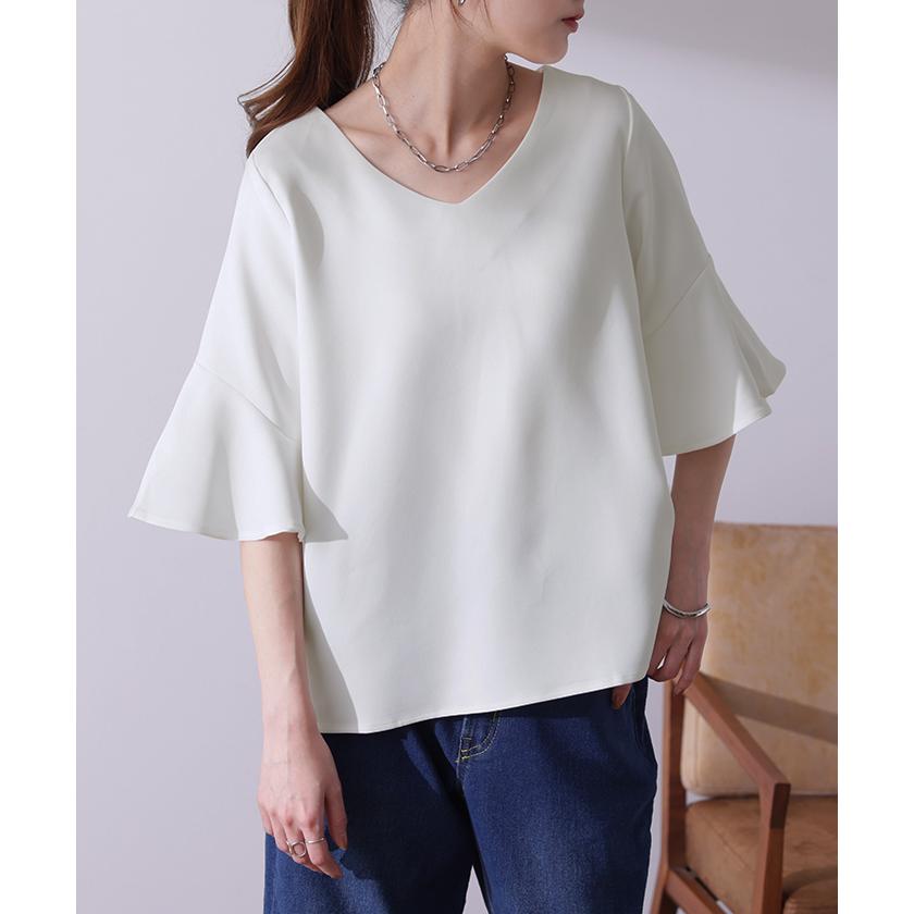 ブラウス トップス レディース カットソー Tシャツ シャツ フォーマル Vネック 半袖 セミフォーマル 大きいサイズ 入学式 ママ 卒業式 黒 | HUG.U | 06